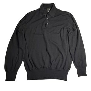 Neiman Marcus Mens Black 100% Extrafine Merino Wool Long Sleeve Polo Sweater L